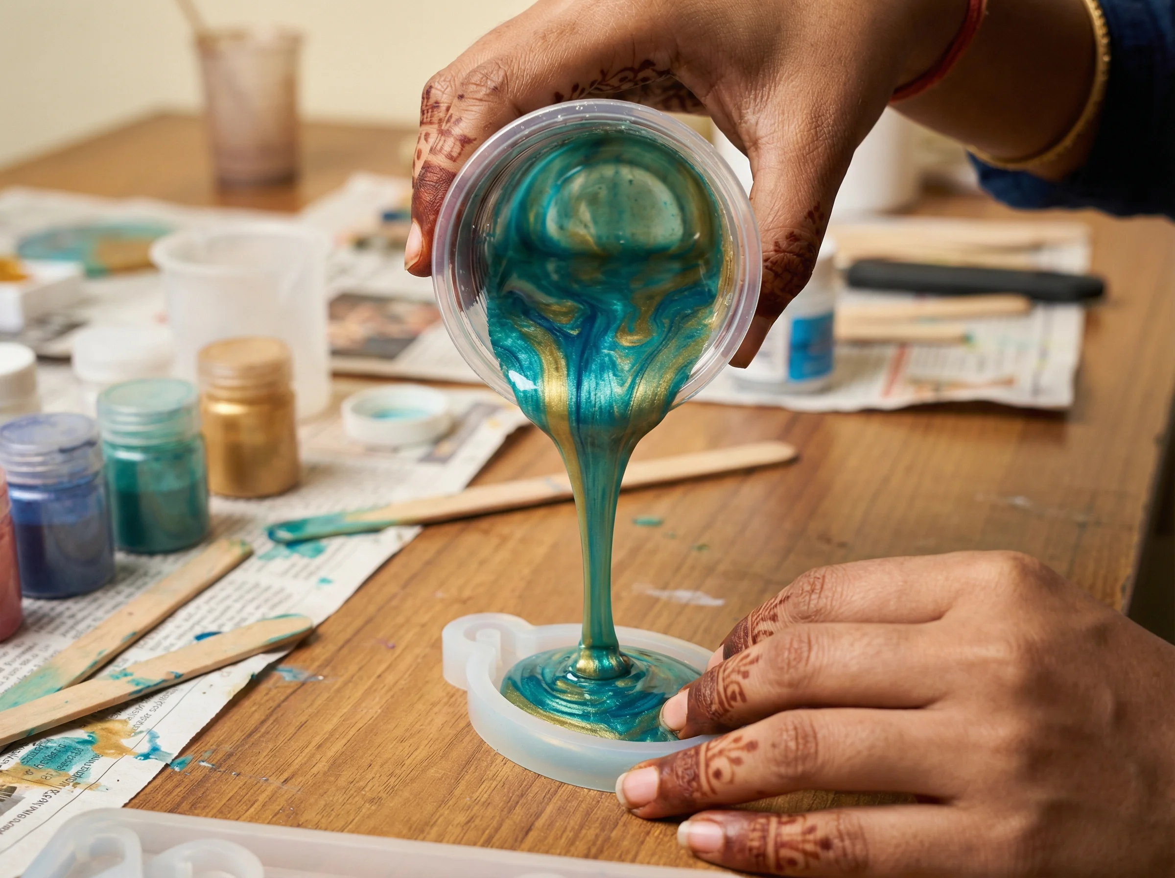 Resin art process - pouring colorful resin into moulds