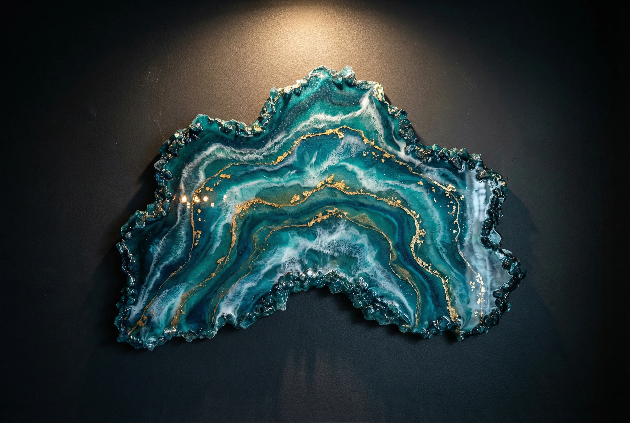 Featured resin geode art piece in teal and gold