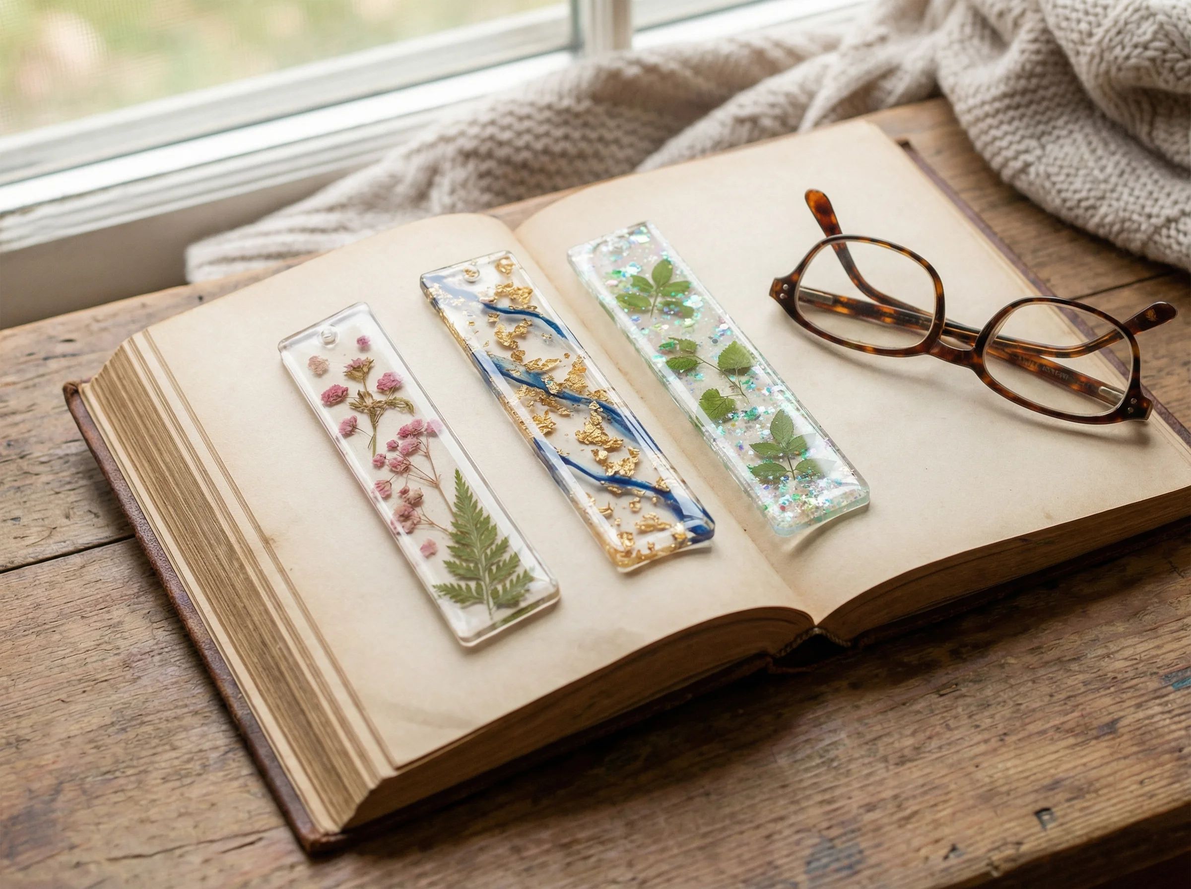 Resin bookmark set with floral elements