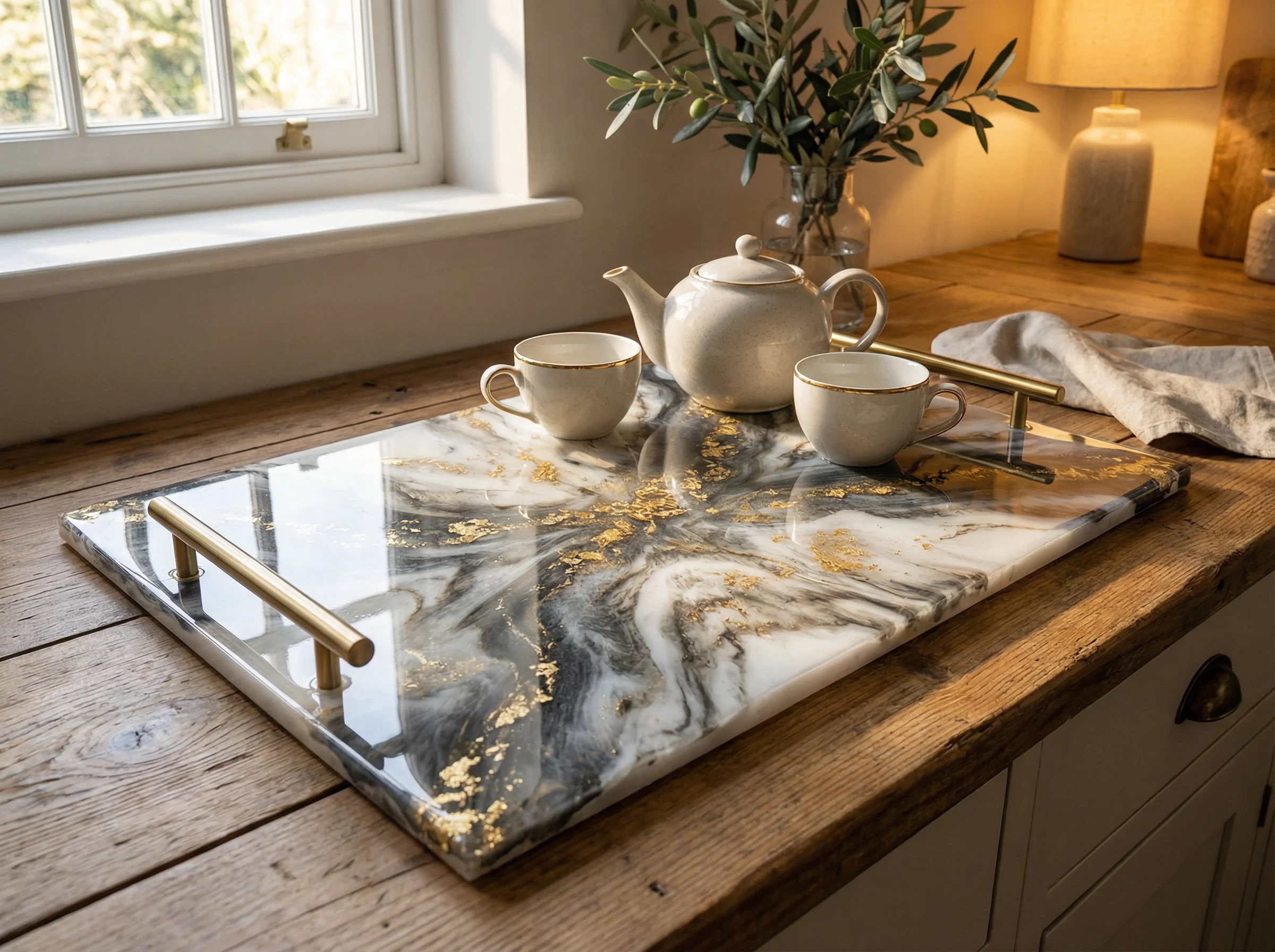 Resin serving tray with marble effect