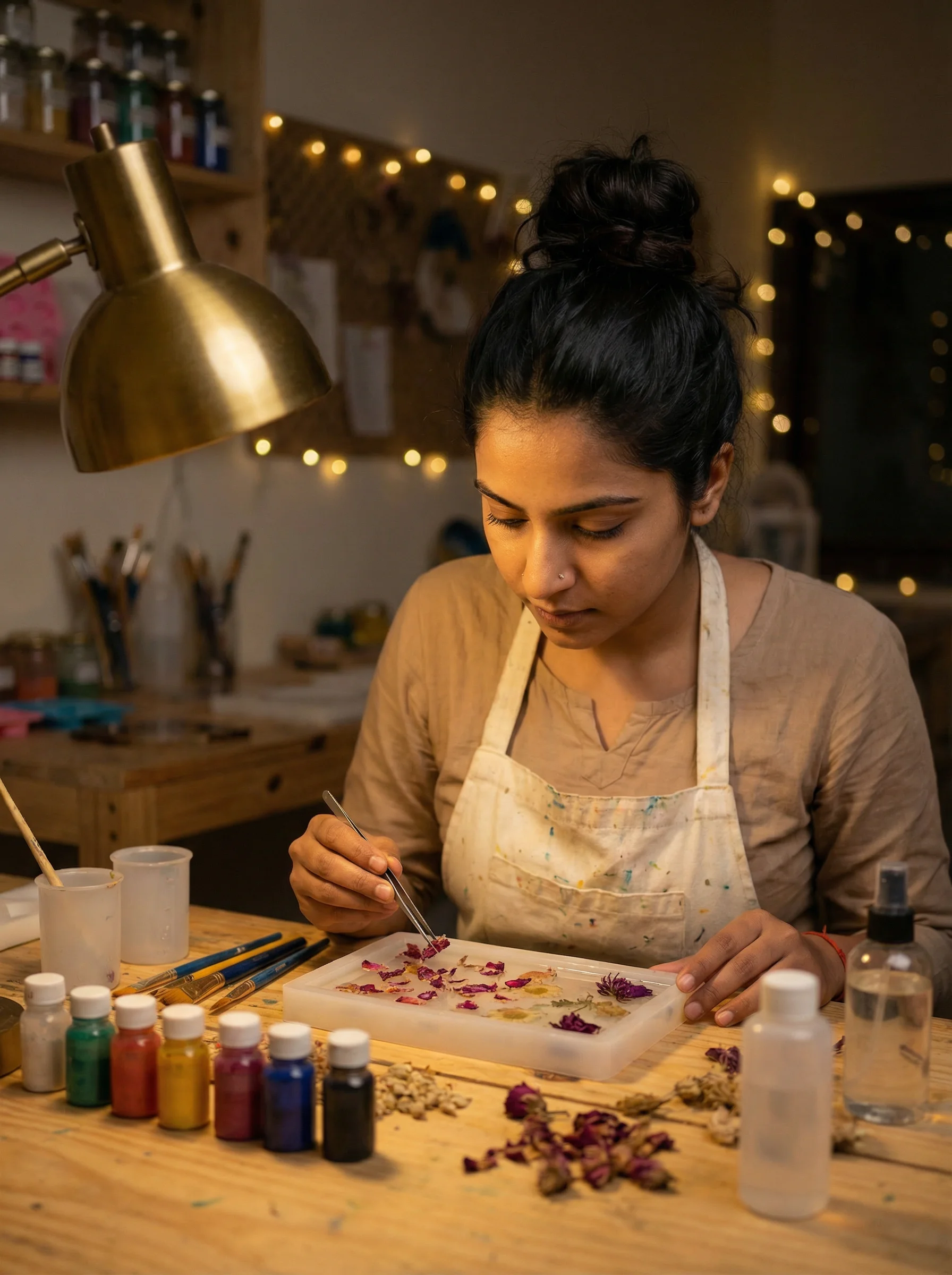 Jasleen Kaur at work in her resin art studio