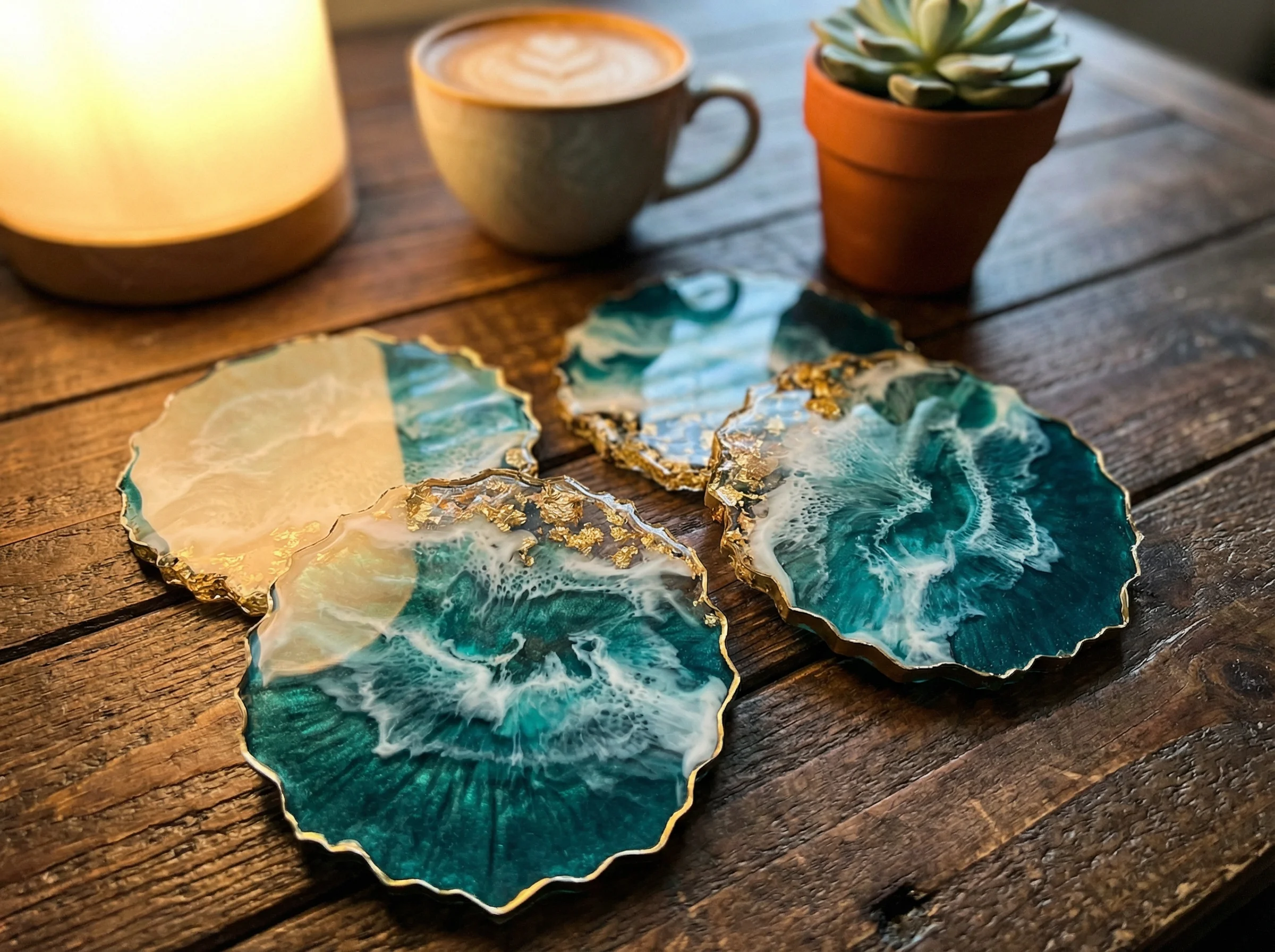 Finished resin art coasters with ocean design