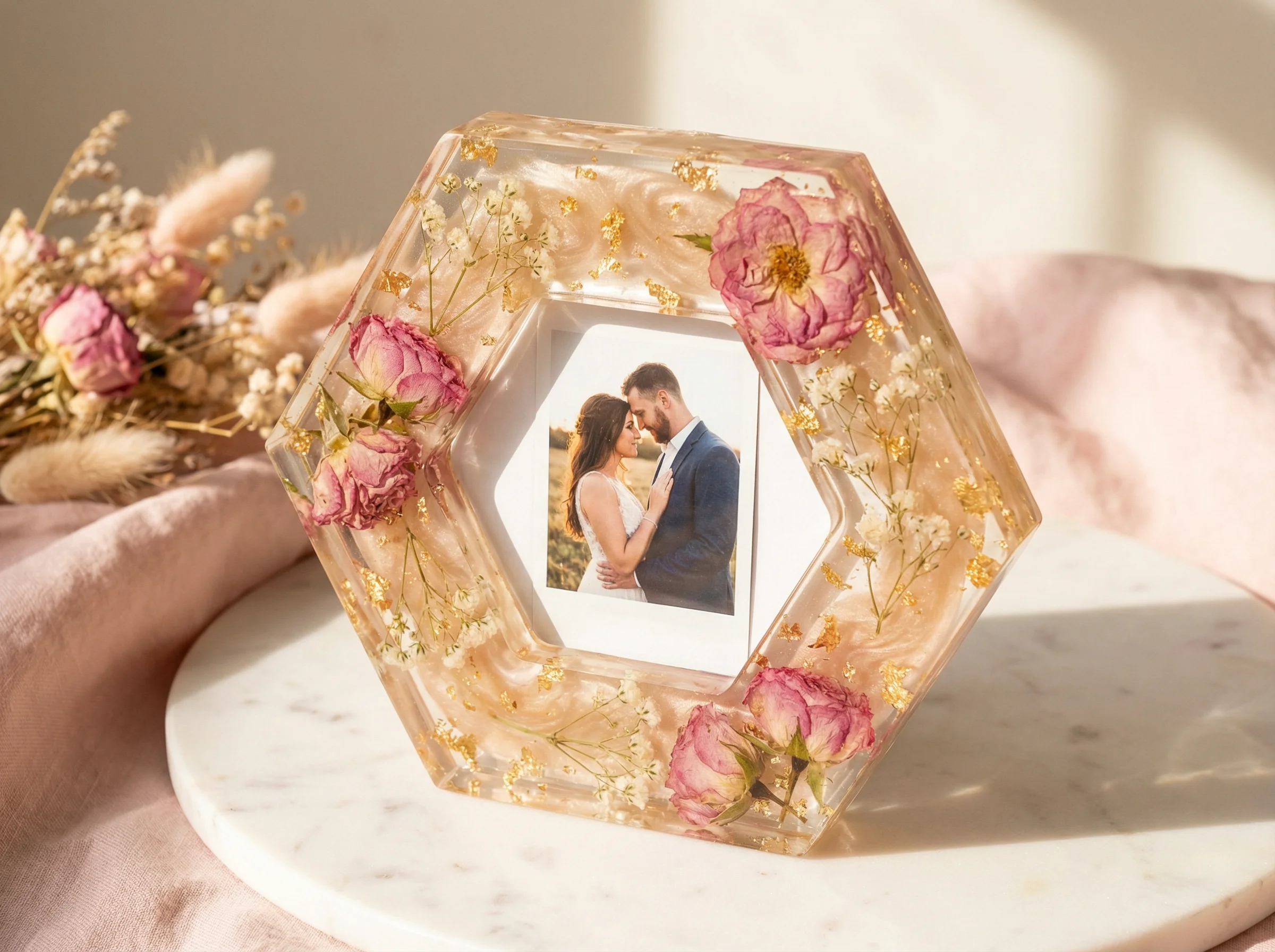 Custom resin photo frame with embedded flowers
