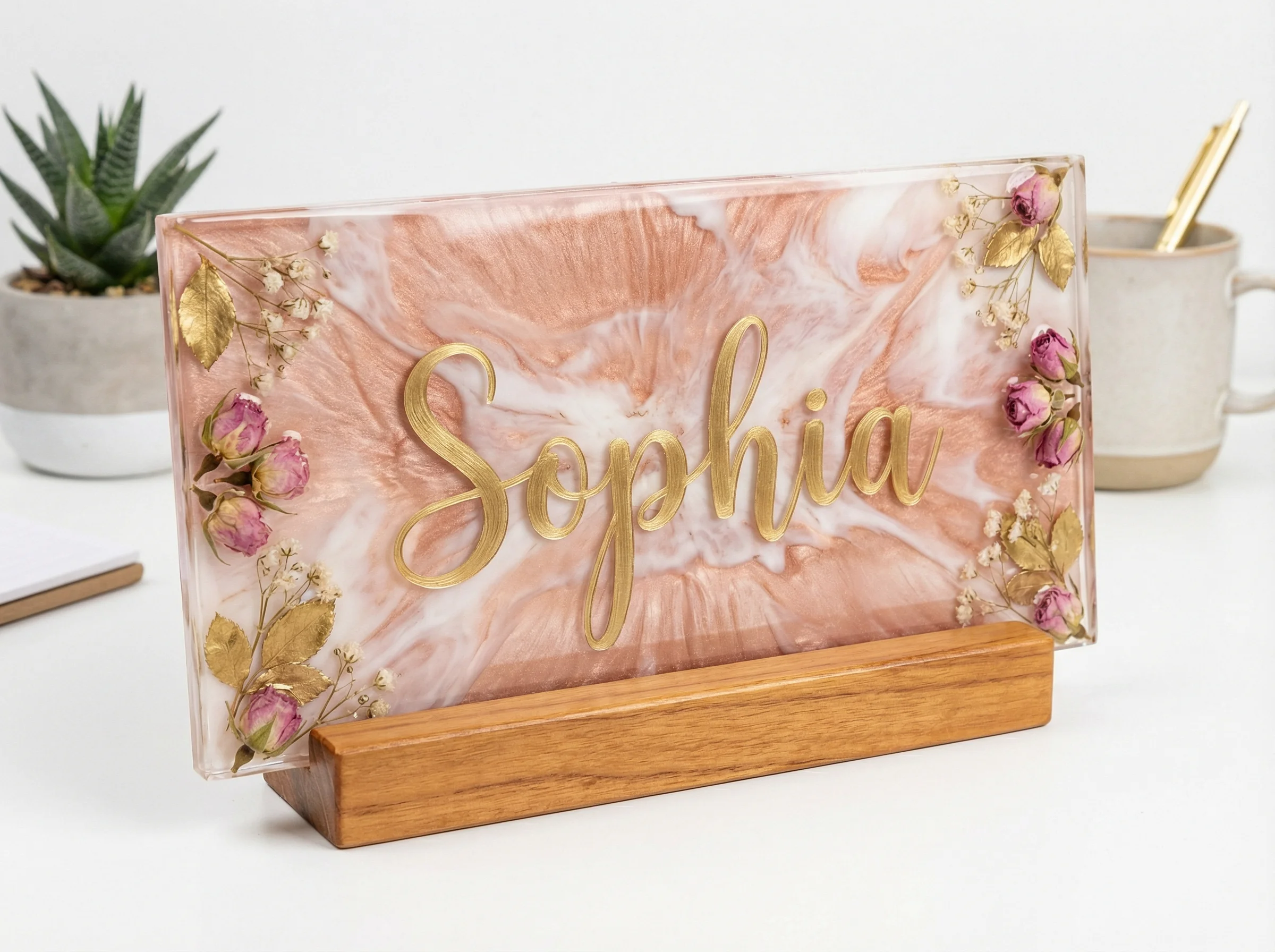 Personalized resin name plaque with gold accents