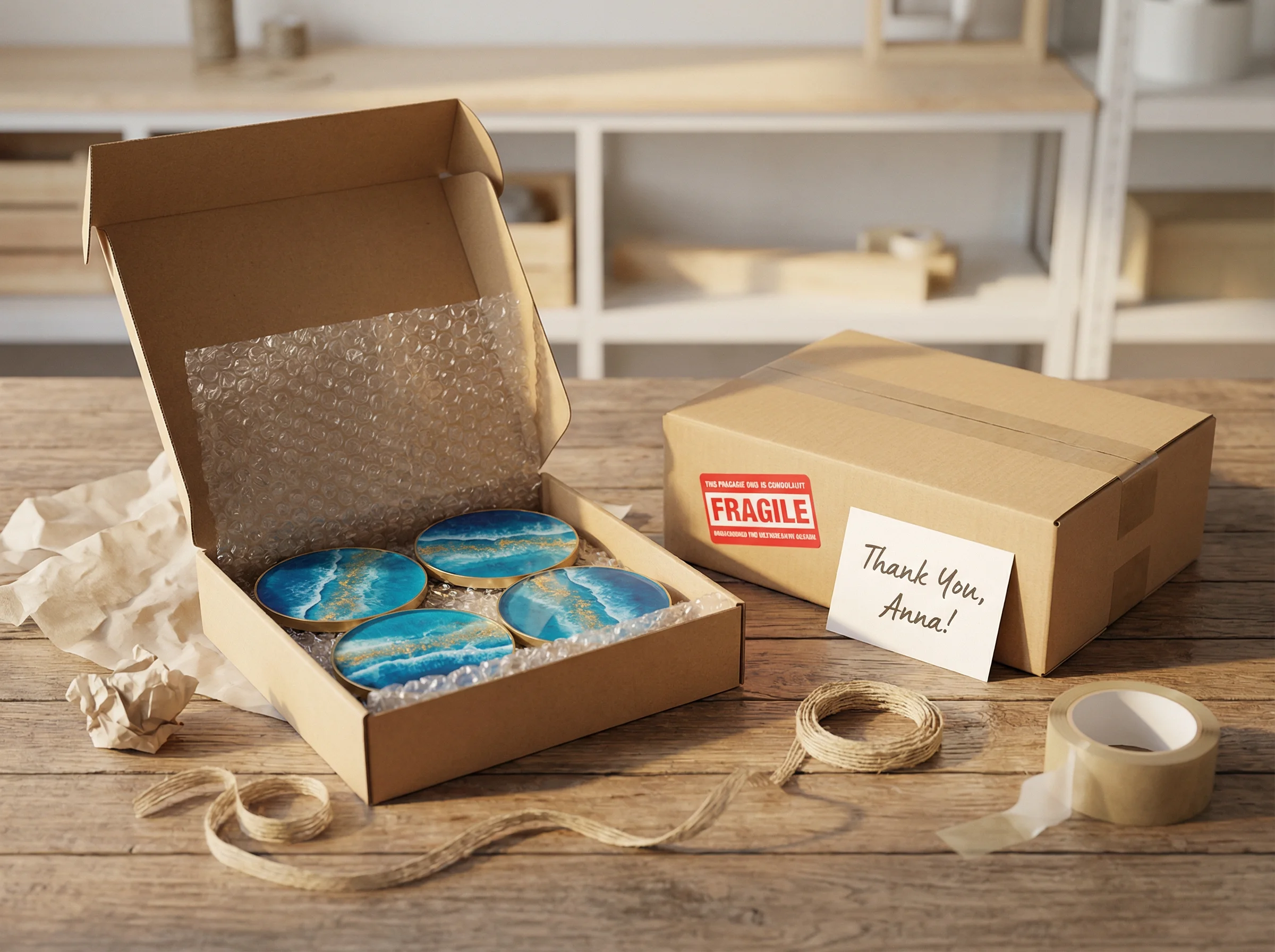 Resin art products packaged and ready to ship