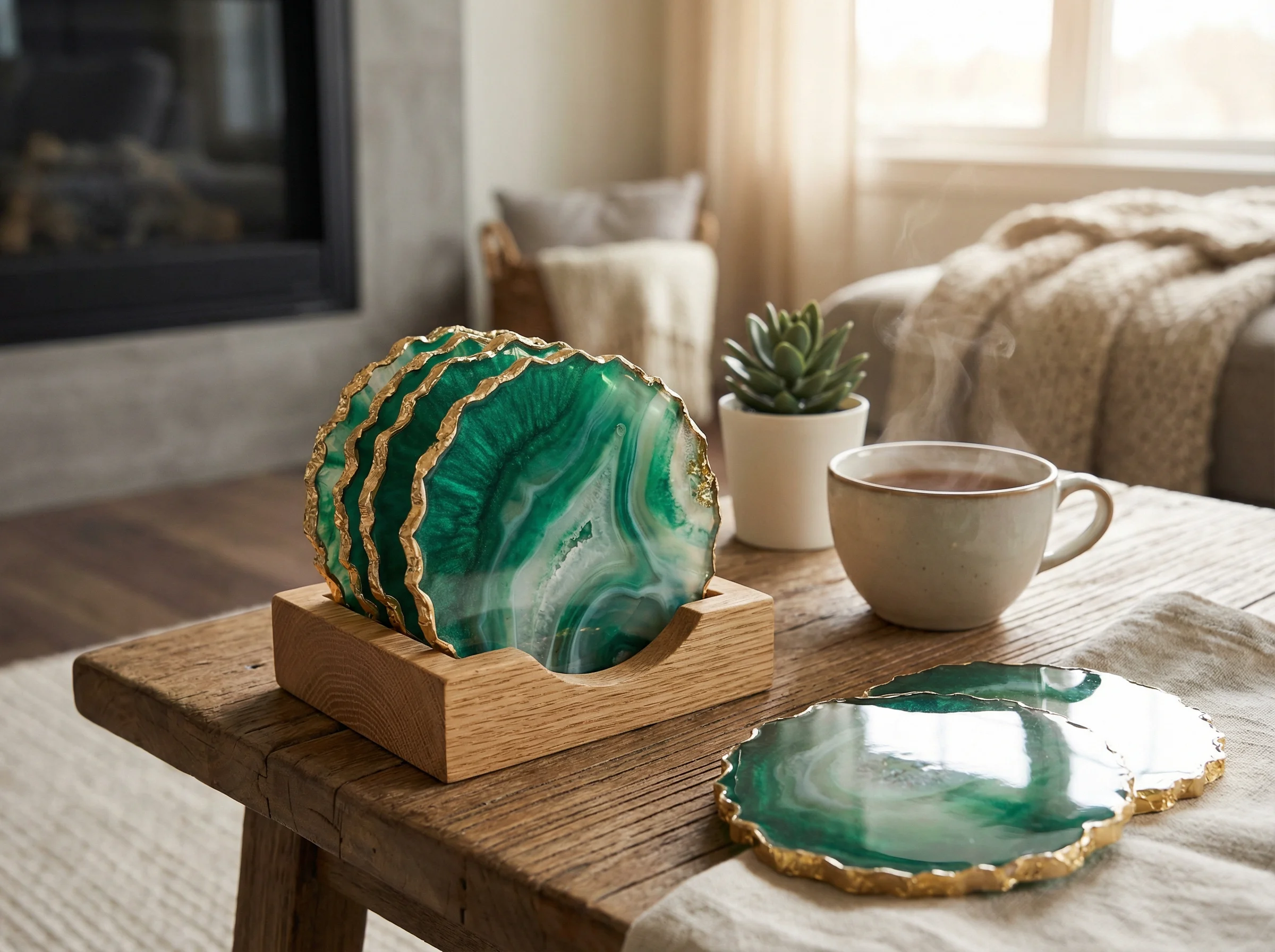 Emerald green resin coasters set