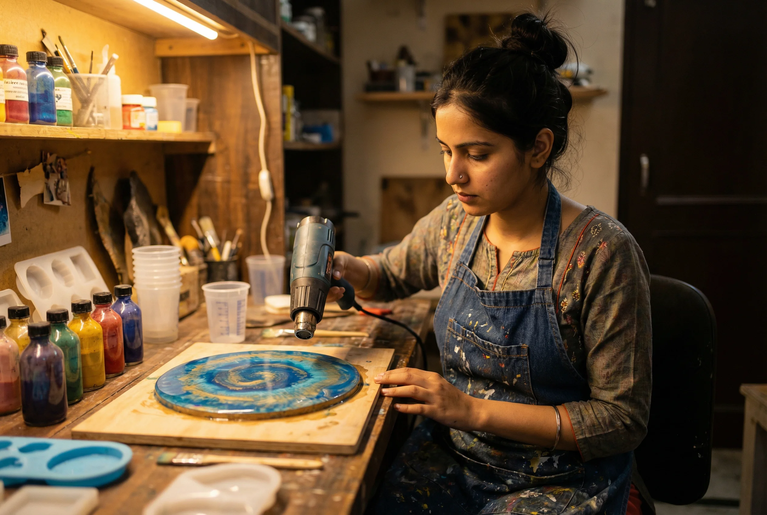 Jasleen Kaur working on a custom resin art piece in her studio